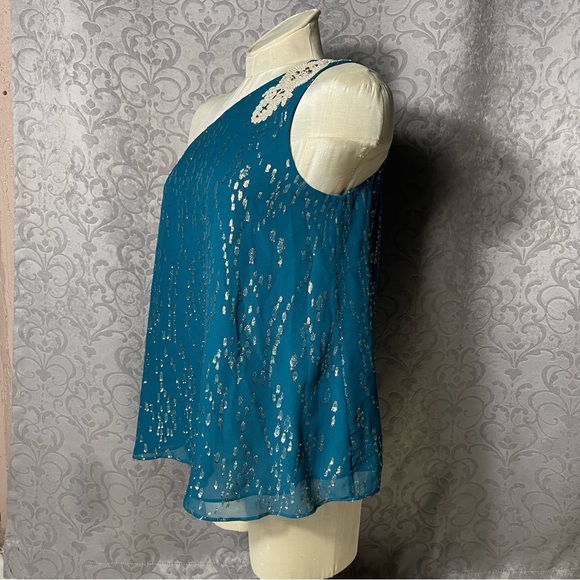 Lilly Pulitzer Silk Teal One-Shoulder Top Blouse - Picture 7 of 15